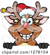 Poster, Art Print Of Happy Rudolph Christmas Reindeer Peeking Over A Sign