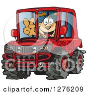 Poster, Art Print Of Happy Sparkey Dog Gesturing Peace And Driving A Red Hummer Car
