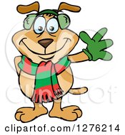 Poster, Art Print Of Waving Sparkey Dog Wearing A Winter Scarf And Ear Muffs