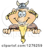 Clipart Of A Happy Blond Male Viking Peeking Over A Sign Royalty Free Vector Illustration