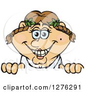 Clipart Of A Happy Greek Woman In A Toga Peeking Over A Sign Royalty Free Vector Illustration