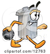 Garbage Can Mascot Cartoon Character Holding A Bowling Ball