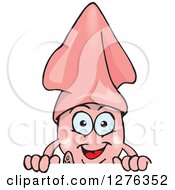 Clipart Of A Happy Pink Squid Peeking Over A Sign Royalty Free Vector Illustration by Dennis Holmes Designs