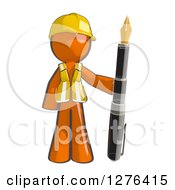 Sketched Construction Worker Orange Man In A Vest Standing With A Giant Fountain Pen