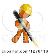 Sketched Construction Worker Orange Man In A Vest Writing With A Giant Fountain Pen