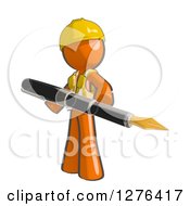 Poster, Art Print Of Sketched Construction Worker Orange Man In A Vest Holding A Giant Fountain Pen