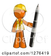 Sketched Construction Worker Orange Man In A Vest Standing With A Giant Ballpoint Pen