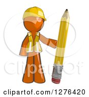 Sketched Construction Worker Orange Man In A Vest Standing With A Giant Pencil