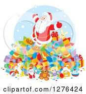 Poster, Art Print Of Cheerful Santa Claus On Top Of A Pile Of Christmas Presents