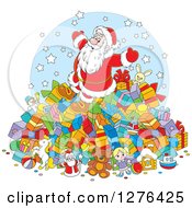 Poster, Art Print Of Cheerful Santa Claus On Top Of A Pile Of Christmas Gifts