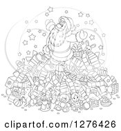 Poster, Art Print Of Black And White Cheerful Santa Claus On Top Of A Pile Of Christmas Presents
