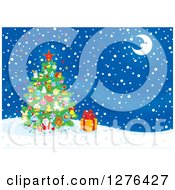 Poster, Art Print Of Christmas Tree And Gift Under A Happy Crescent Moon On A Winter Night