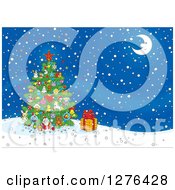 Poster, Art Print Of Christmas Tree And Gift Under A Crescent Moon On A Winter Night