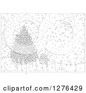 Poster, Art Print Of Black And White Christmas Tree And Gift Under A Crescent Moon On A Winter Night