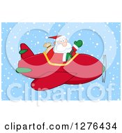 Clipart Of A Waving Santa Claus Piloting A Red Christmas Plane In The Snow Royalty Free Vector Illustration