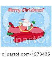 Poster, Art Print Of Merry Christmas Greeting Over A Waving Santa Claus Piloting A Red Christmas Plane In The Snow