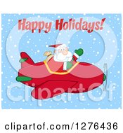 Happy Holidays Greeting Over A Waving Santa Claus Piloting A Red Christmas Plane In The Snow