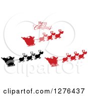 Poster, Art Print Of Merry Christmas Greeting Over A Silhouetted Santas And Flying Reindeer