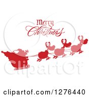 Poster, Art Print Of Merry Christmas Greeting Over A Red Silhouetted Santa And Flying Reindeer