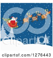 Poster, Art Print Of Team Of Magic Reindeer Flying Santa In His Sleigh Over A Winter Landscape At Night