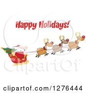 Poster, Art Print Of Happy Holidays Greeting Over Santa And His Christmas Flying Reindeer