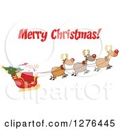 Poster, Art Print Of Merry Christmas Greeting Over Santa And His Flying Reindeer