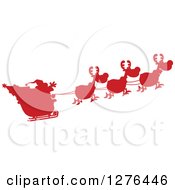 Poster, Art Print Of Red Silhouetted Santa Waving And His Magic Reindeer And Sleigh