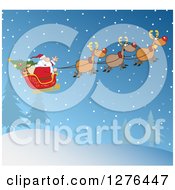 Poster, Art Print Of Team Of Magic Reindeer Flying Santa In His Sleigh Over A Winter Night Landscape