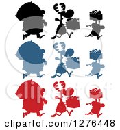 Poster, Art Print Of Silhouetted Santas Reindeer And Elves With Sacks And Christmas Gifts