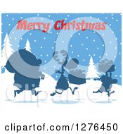 Poster, Art Print Of Merry Christmas Greeting Over A Silhouetted Santa Reindeer And Elf With A Sack And Gifts In The Snow