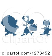 Clipart Of A Blue Silhouetted Santa Reindeer And Elf With A Christmas Sack And Gifts Royalty Free Vector Illustration by Hit Toon