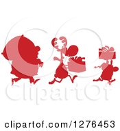 Poster, Art Print Of Red Silhouetted Santa Reindeer And Elf With A Christmas Sack And Gifts