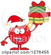 Poster, Art Print Of Happy Red Christmas Bauble Ornament Character Holding Up Gifts