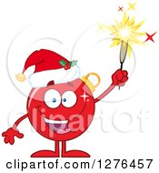 Happy Red Christmas Bauble Ornament Character Wearing A Santa Hat And Holding Up A Firework