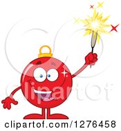 Happy Red Christmas Bauble Ornament Character Holding Up A Firework