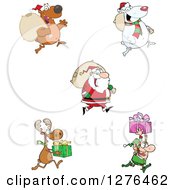 Poster, Art Print Of Christmas Santa Claus Bears Reindeer And Elf With Sacks And Gifts