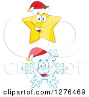 Poster, Art Print Of Happy Christmas Snowflake And Star Wearing Santa Hats