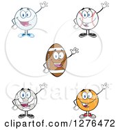 Clipart Of A Waving Soccer Ball Basketball American Football Baseball And Golf Ball Royalty Free Vector Illustration