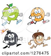 Clipart Of A Happy Green Apple Basketball Bomb And Acorn Running Royalty Free Vector Illustration