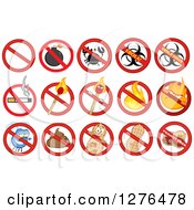 Prohibited Restriction Symbols Over A Bomb Crab Ebola Cigarette Match Fire Fly Poop And Peanuts