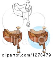 Clipart Of Black And White And Brown Horse Saddles Royalty Free Vector Illustration by Hit Toon