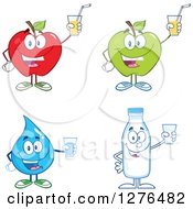Poster, Art Print Of Happy Red And Green Apples Water Drop And Milk Jar Holding Up Cups