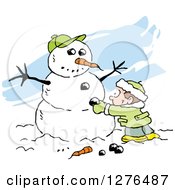 Poster, Art Print Of White Boy Making A Winter Snowman With A Carrot Nose Coal Buttons And Baseball Hat Over Blue Streaks