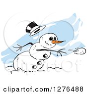 Poster, Art Print Of Mischievous Winter Snowman With A Carrot Nose And Falling Hat Throwing A Snowball Over Blue Streaks