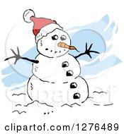 Poster, Art Print Of Winter Snowman With A Carrot Nose And Santa Hat Over Blue Streaks