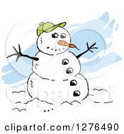 Poster, Art Print Of Winter Snowman With A Carrot Nose Coal Buttons And Green Baseball Hat Over Blue Streaks