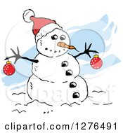 Poster, Art Print Of Winter Snowman With A Carrot Nose Baubles And Santa Hat Over Blue Streaks