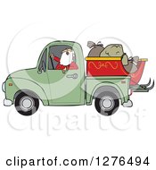 Poster, Art Print Of Santa Claus In Pajamas Driving A Pickup Truck With His Christmas Sleigh And Sacks In The Bed