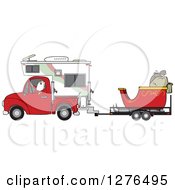Santa Claus In Pajamas Driving A Pickup Truck With A Camper And His Christmas Sleigh On A Trailer