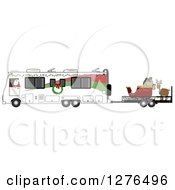 Santa Claus In Pajamas Driving An Rv With His Christmas Sleigh And Reindeer On A Trailer